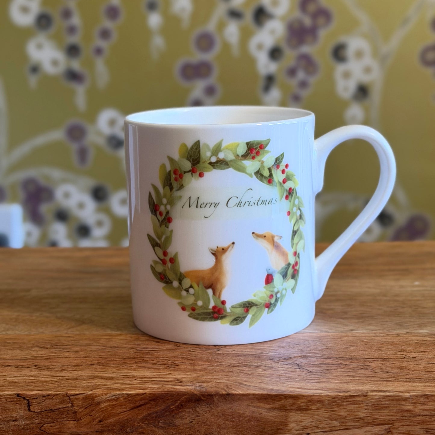 Christmas Wreath Illustrated Bone China Mug (Double Sided) - END OF LINE SALE