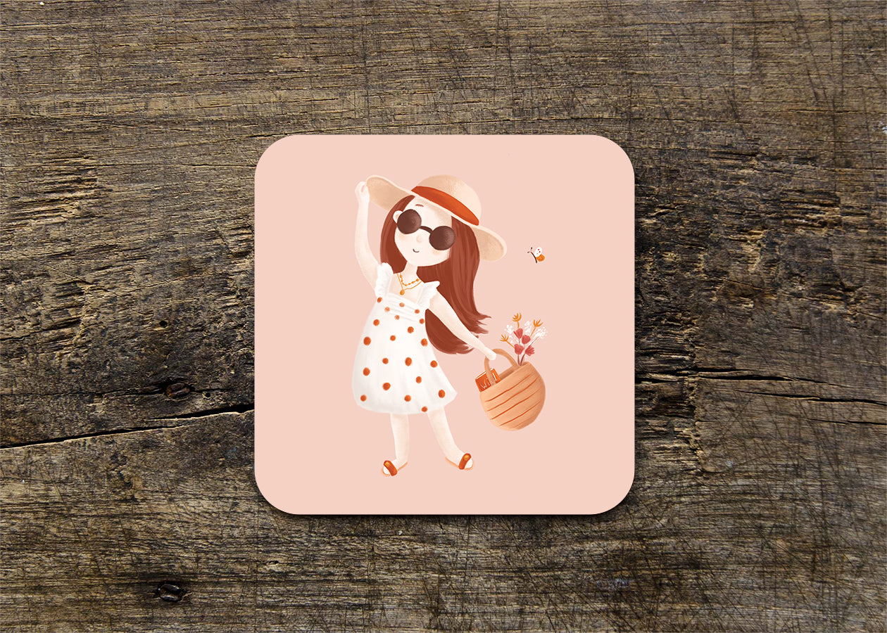Sun Hat Girl Illustrated Gloss Coaster (Single) - END OF LINE SALE