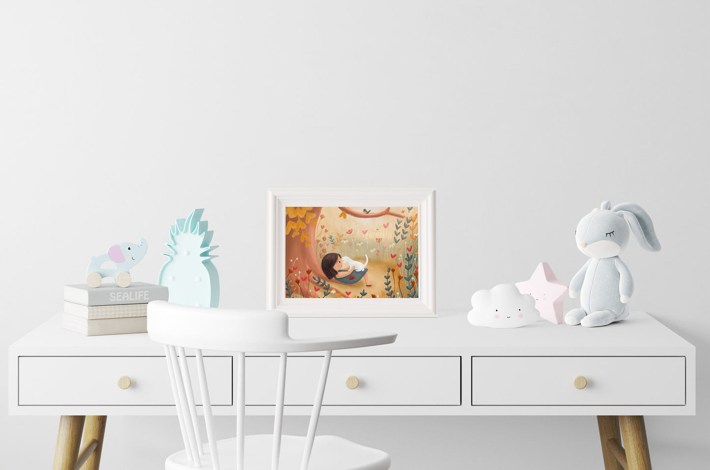 Woodland Girl & Cat Print with 14" x 11" Mount (Unframed)
