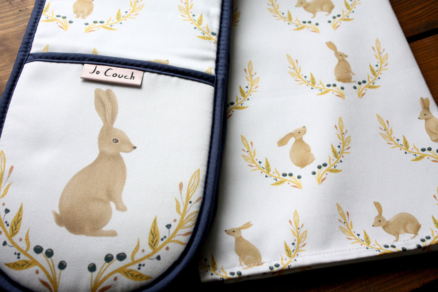 Rabbit & Floral Motif Tea Towel