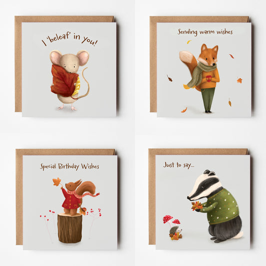 Set of Four Autumn Woodland Animal Cards