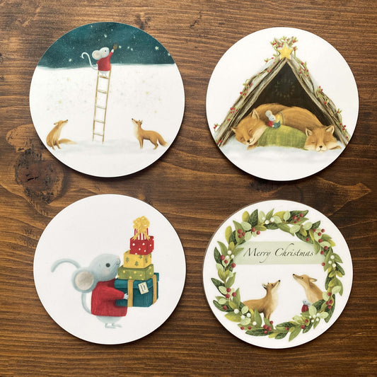 Mouse & Foxes Illustrated Gloss Christmas Coasters (set of four)