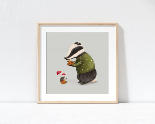Autumn Badger Print with 9" x 9" Mount (Unframed)