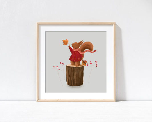 Autumn Squirrel Print with 9" x 9" Mount (Unframed)