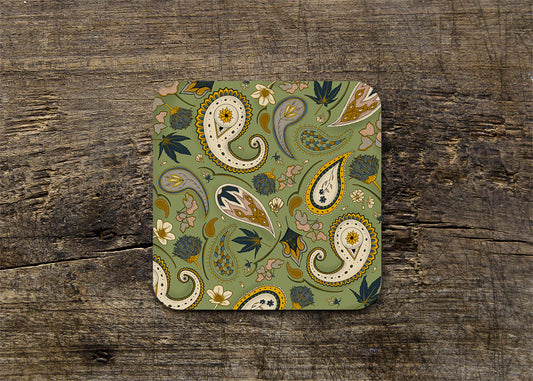 Green Paisley Design Gloss Coaster (Single) - END OF LINE SALE