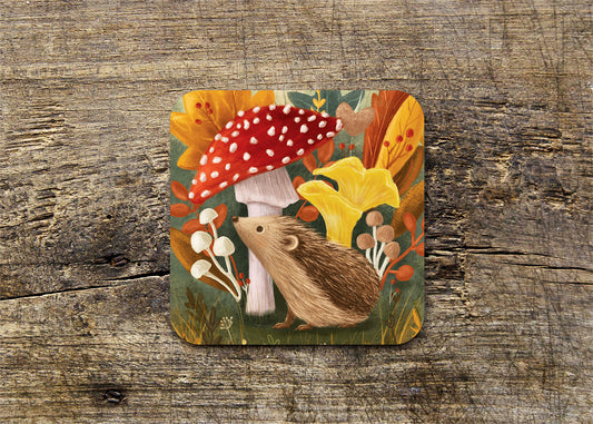 Hedgehog & Mushrooms Illustrated Gloss Coaster (Single)