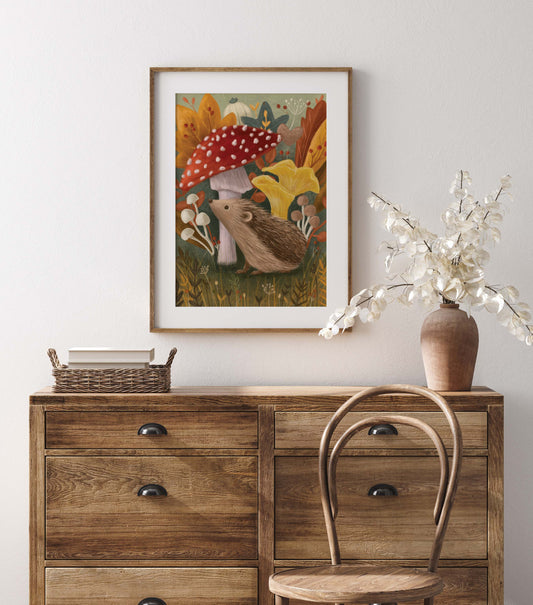 Hedgehog & Mushroom Print with 16" x 12" Mount  (Unframed)