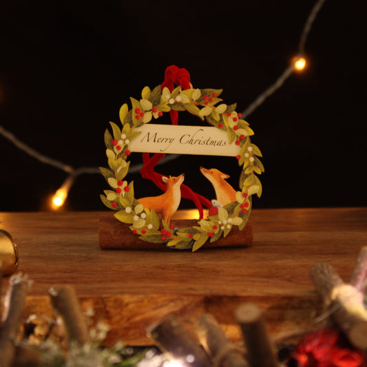 Merry Christmas Wreath with Foxes & Mouse Christmas Decoration