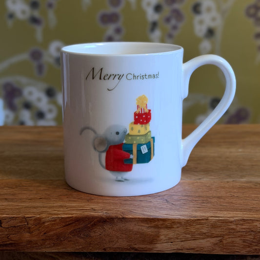 Mouse with Presents Christmas Illustrated Bone China Mug (Double Sided) - END OF LINE SALE