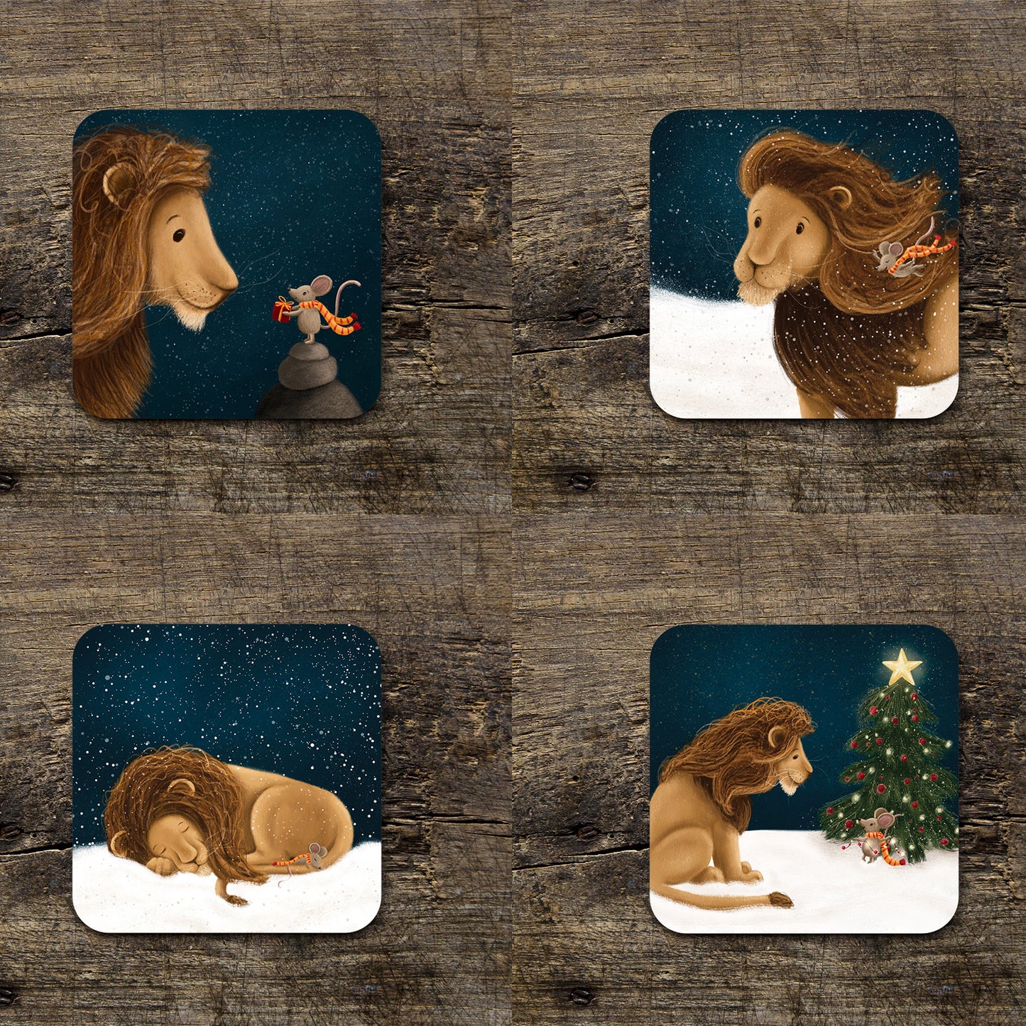 Lion & Mouse Illustrated Gloss Christmas Coasters (set of four or single coaster)