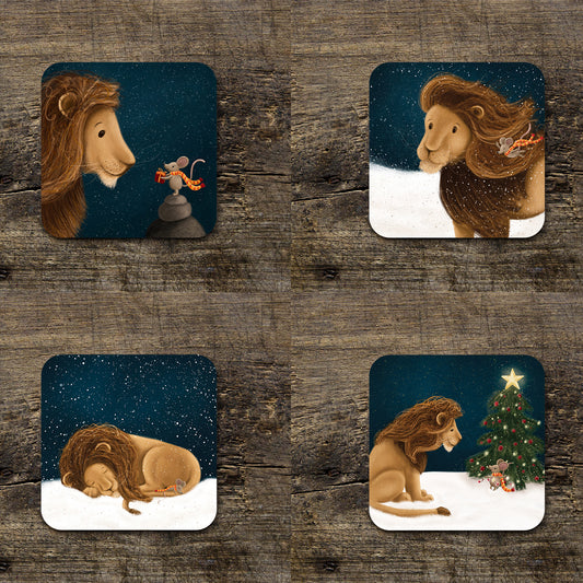 Lion & Mouse Illustrated Gloss Christmas Coasters (set of four or single coaster)