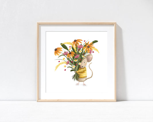 Mouse & Flowers Print with 9" x 9" Mount (Unframed)