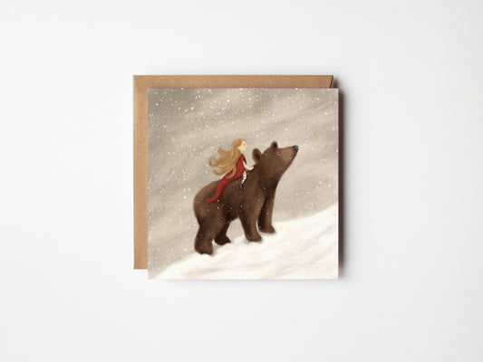 Girl & Bear Snow Journey Christmas Card