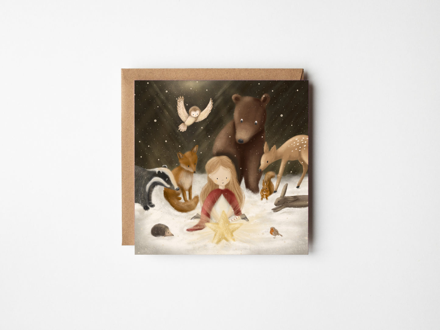 Girl & Woodland Animals Christmas Card