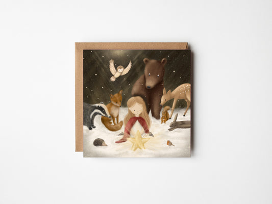Girl & Woodland Animals Christmas Card