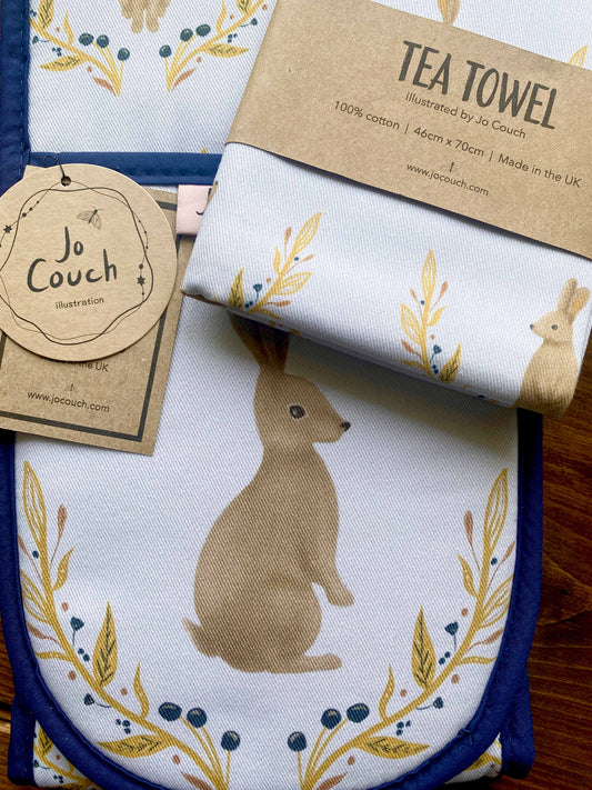 Rabbit & Floral Motif Double Oven Glove & Tea Towel Set