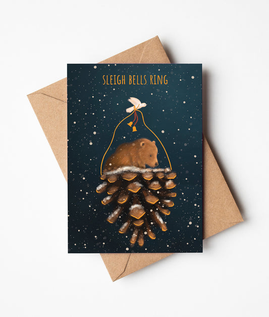 Sleigh Bells Ring Bear & Bird Christmas Greeting Card     