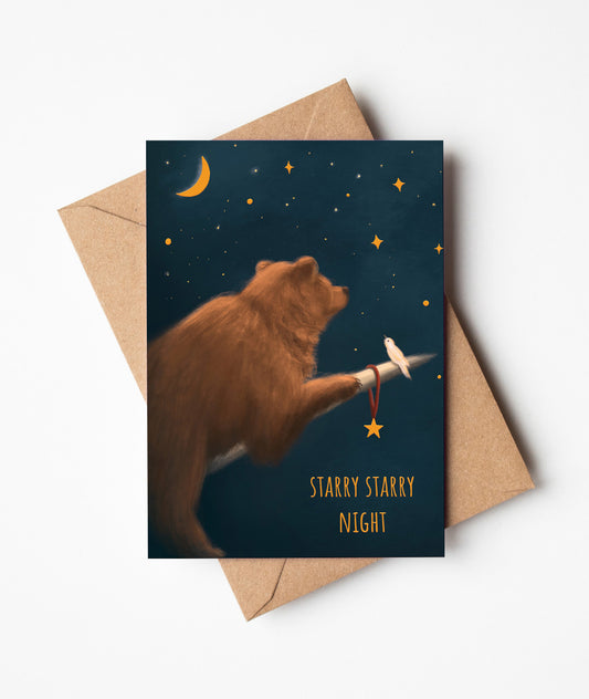  Starry Night Bear & Bird Christmas Greeting Card     