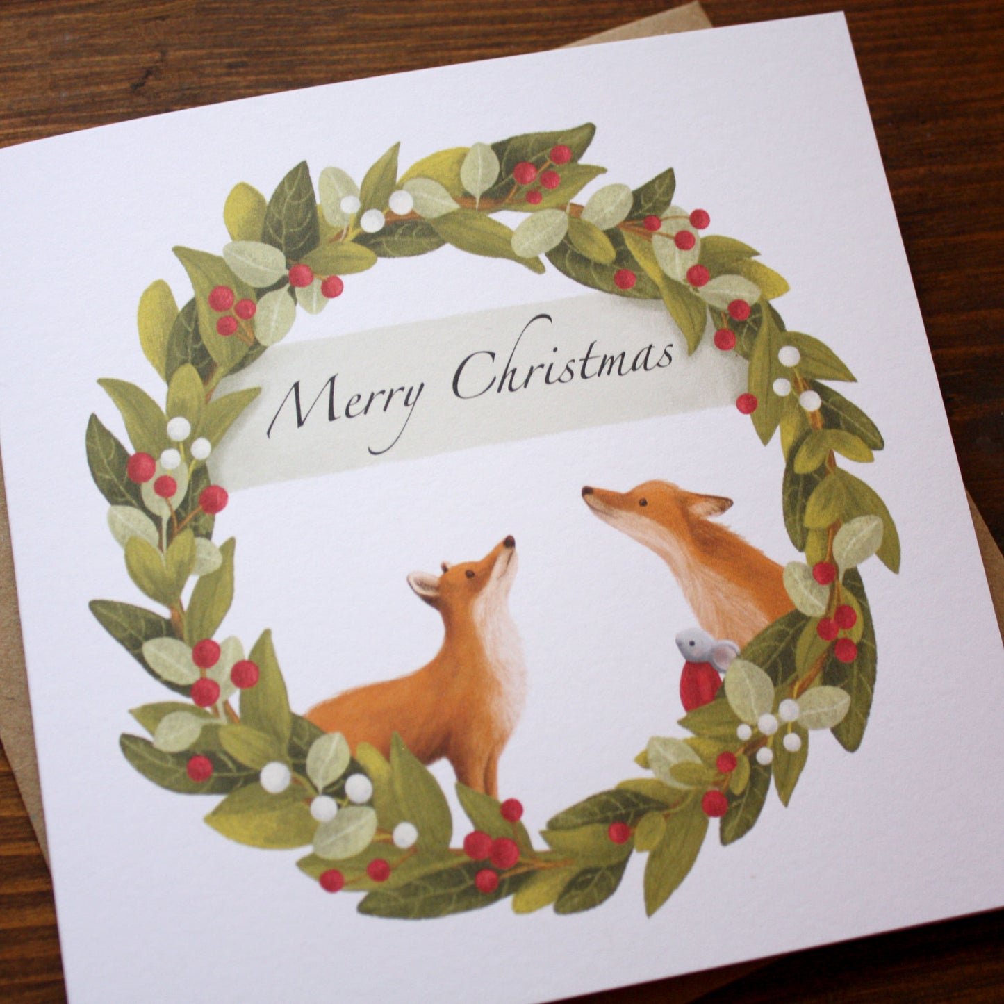'Merry Christmas' Wreath Christmas Card with mouse & foxes