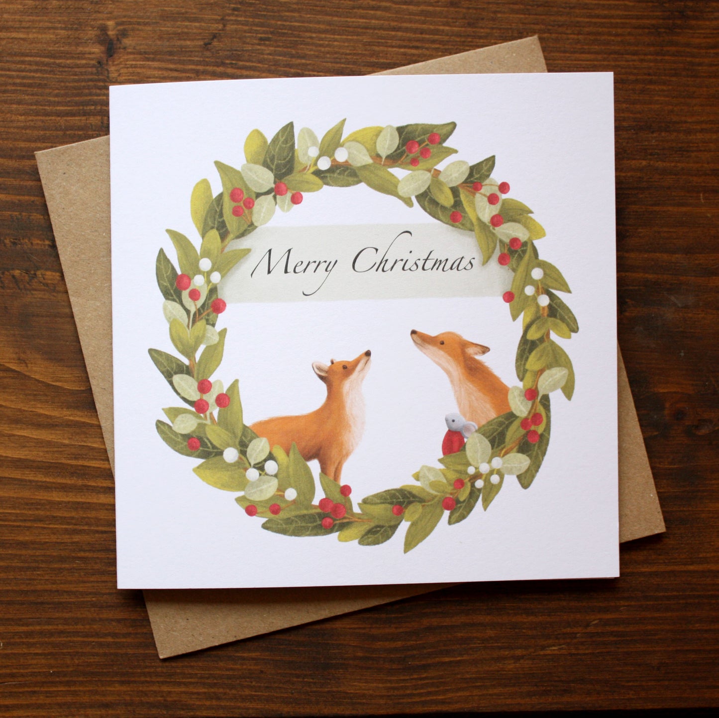 'Merry Christmas' Wreath Christmas Card with mouse & foxes