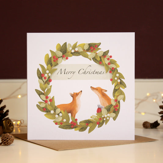 'Merry Christmas' Wreath Christmas Card with mouse & foxes
