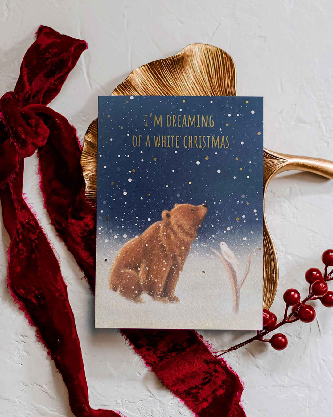 White Christmas Bear & Bird Greeting Card    