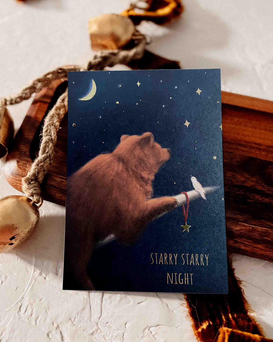  Starry Night Bear & Bird Christmas Greeting Card     
