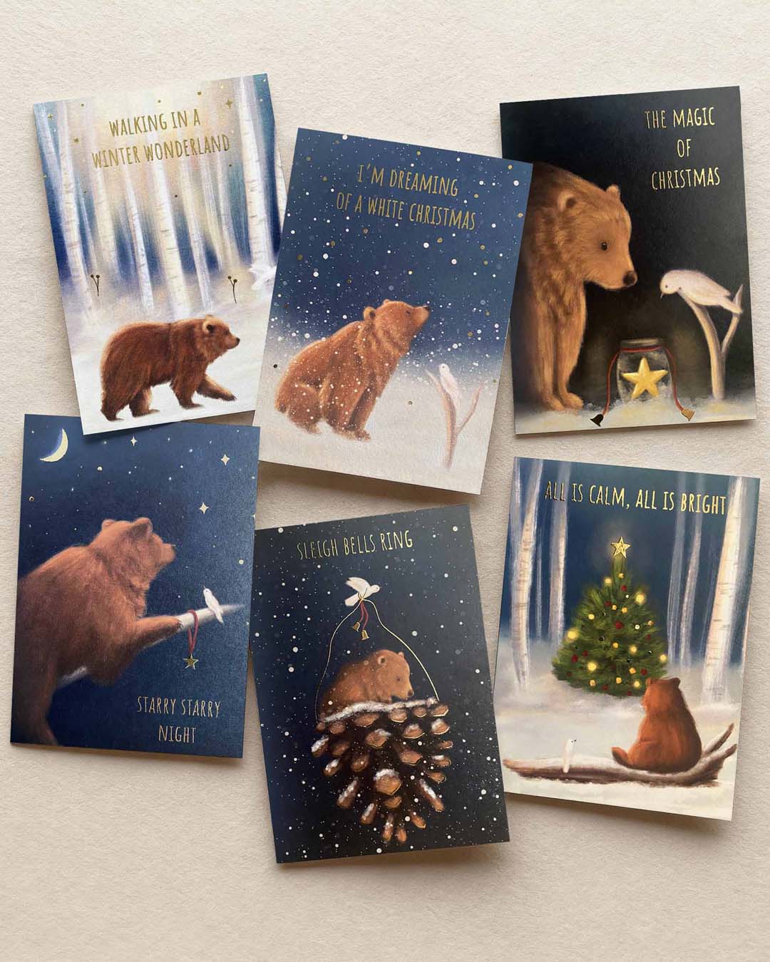  Starry Night Bear & Bird Christmas Greeting Card     