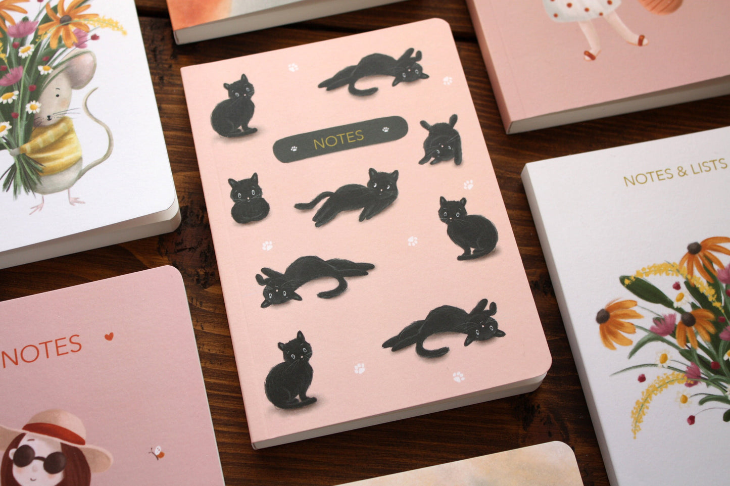 Luxury A6 Lined Black Cats Pink Notebook