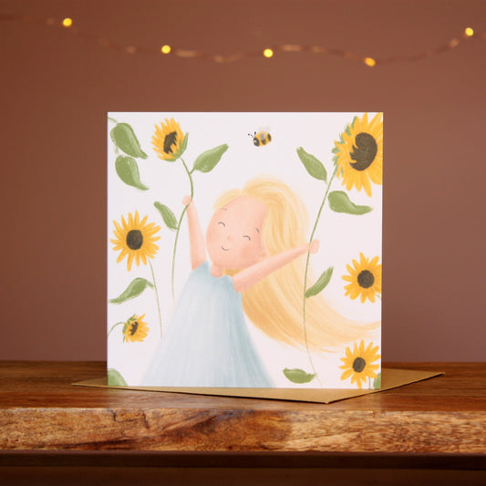 Girl & Sunflowers Greetings Card for all Occasions - OLD CARD STOCK SALE