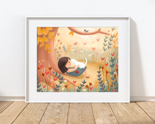 Woodland Girl & Cat Print with 14" x 11" Mount (Unframed)
