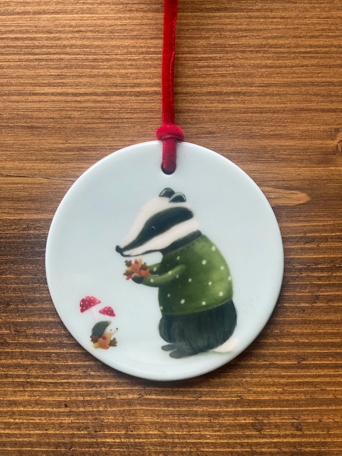 Autumn Badger Woodland Animals Ceramic Hanging decorations (single ornament)  - END OF LINE SALE