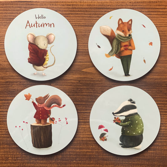 Set of 4 Woodland Animals Illustrated Gloss Coaster