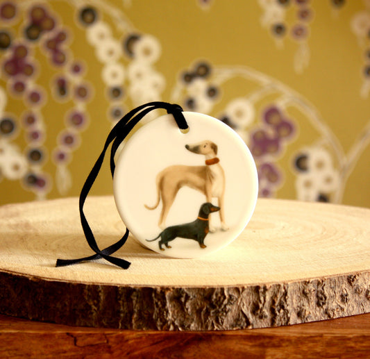 Whippet & Sausage dog ceramic ornament - END OF LINE SALE