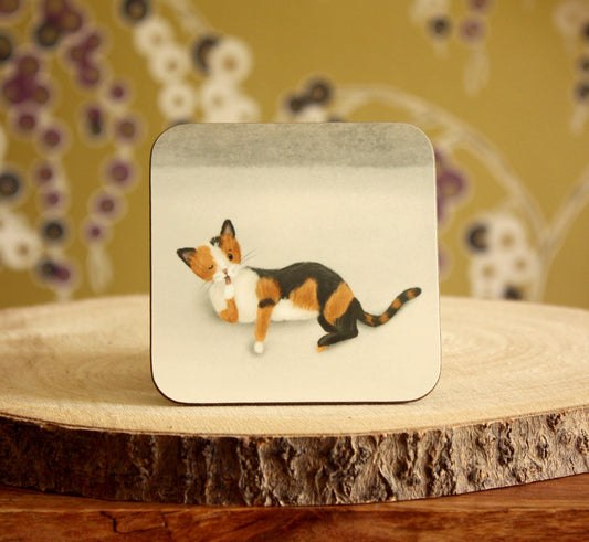 Tortie cat illustrated gloss coaster (single) - END OF LINE SALE