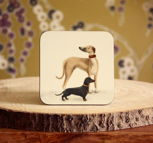 Whippet & Daschund dog illustrated gloss coaster (single) - END OF LINE SALE