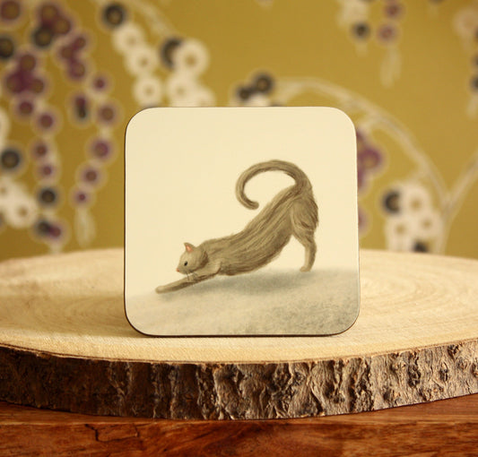 Grey cat illustrated gloss coaster (single) - END OF LINE SALE