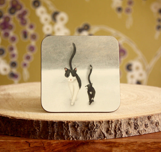 Black & white cat illustrated gloss coaster (single) - END OF LINE SALE