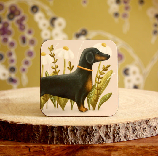 Sausage dog illustrated gloss coaster (single),  daschund coaster, new home gift, cute dog, home decor, homeware, gift, kitchen