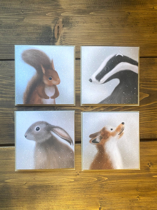 Pack of Four Woodland Animal Winter Greeting Cards